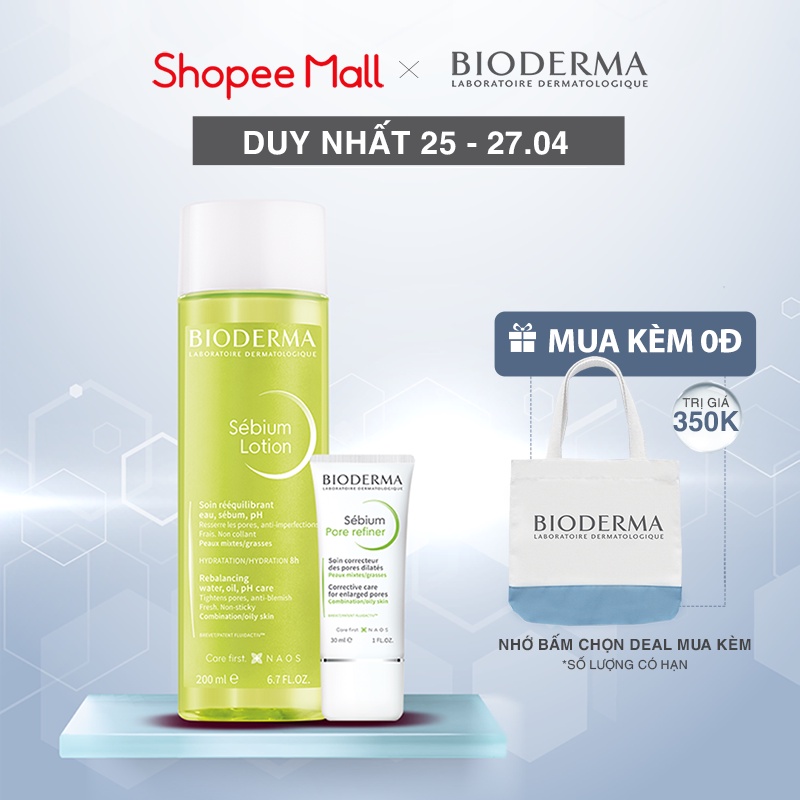 Bộ đôi nước cân bằng cho da hỗn hợp, da dầu Bioderma Sebium Lotion 200ml và Kem dưỡng se nhỏ lỗ chân lông 30ml