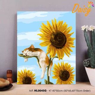 Tranh tô màu số hóa tự vẽ DAISY Mèo Lười Và Hoa Hướng Dương HL0045G