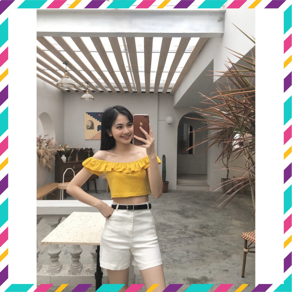Hàng Hot Siêu Đẹp - Áo Trễ Vai Viền Bèo Len Tăm Mặc Nhiều Kiểu - Áo Croptop Bánh Bèo Tím Hot