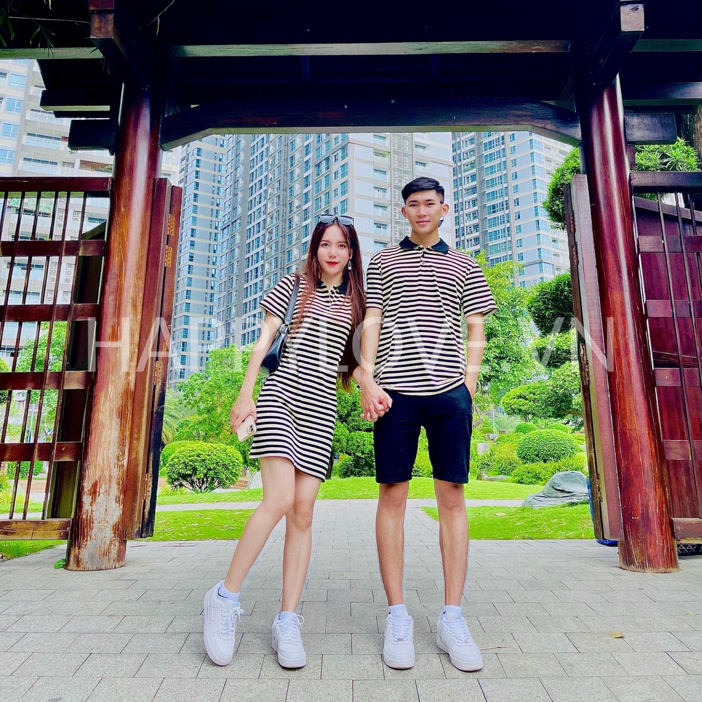 Đồ đôi nam nữ Set Couple Đầm nữ Áo nam kẻ sọc ngang hàng Quảng Châu cao cấp HAPPYLOVE, Set đồ đôi Áo nam Váy nữ mã H23