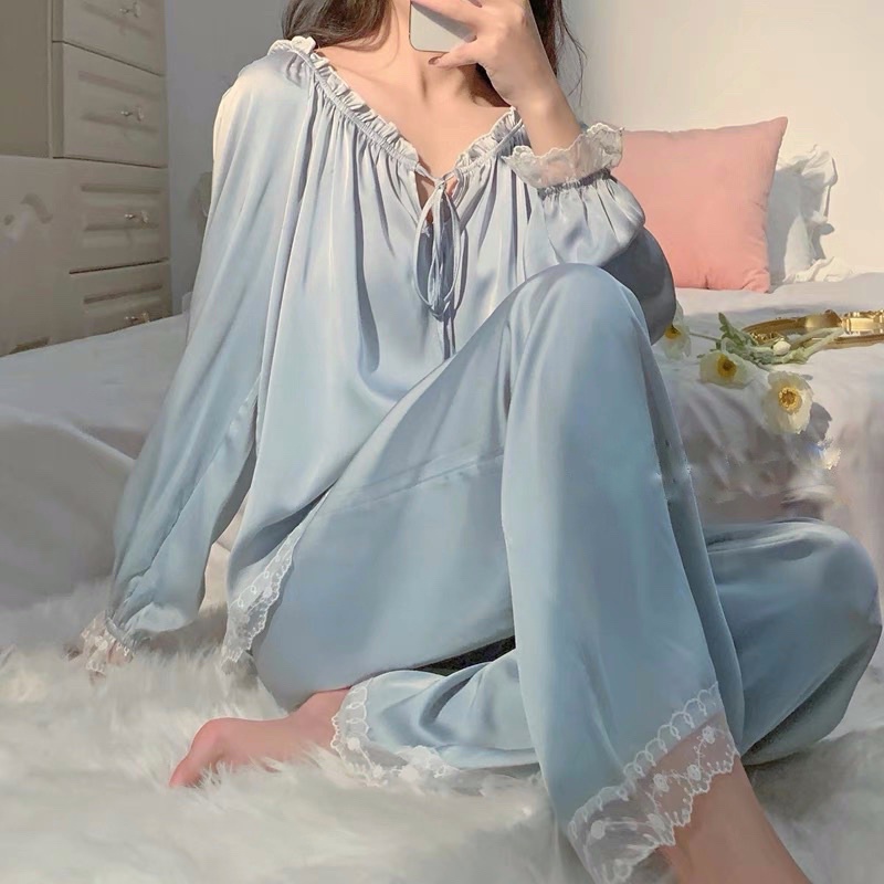 Bộ ngủ lụa dài tay Hàn Quốc, bộ ngủ tiểu thư xinh ⚡️FREE SHIP⚡️