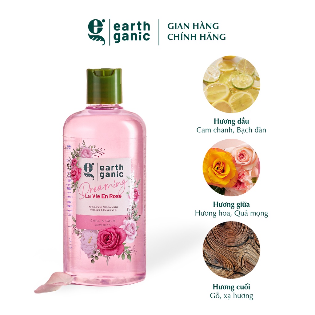 Sữa tắm dưỡng ẩm trắng da Earthganic Hương Hoa Hồng AHA trắng da thơm lâu, thành phần thiên nhiên