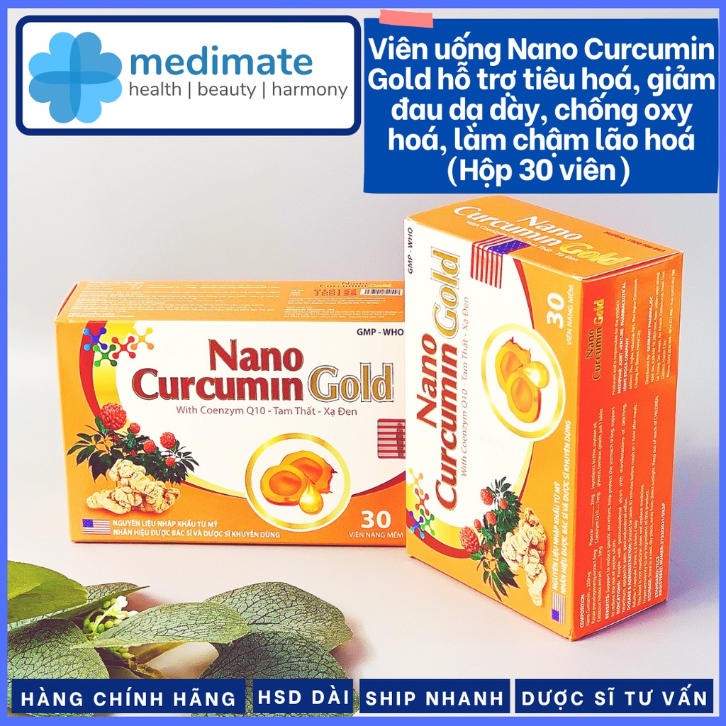 Viên uống Nano Curcumin Gold hỗ trợ tiêu hóa, giảm đau dạ dày, chống oxy hóa, làm chậm lão hóa (Hộp 30 viên)
