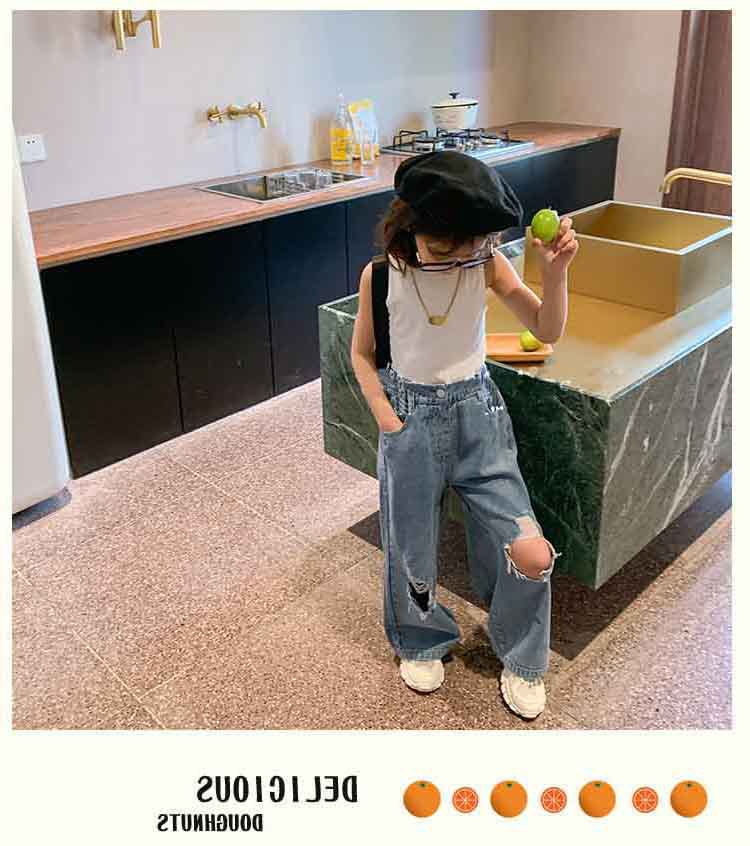 Quần Denim Ống Rộng Thiết Kế Rách Cá Tính Thời Trang Cho Bé Gái