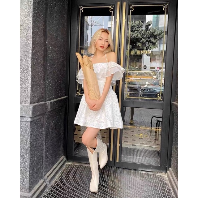 Váy trắng tiểu thư Cúp ngưc Flower Dress trễ vai bèo form chiết eo chữ V hàng thiết kế