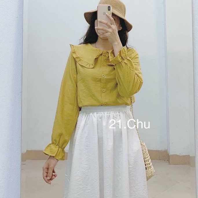 [Mã FAMARAL1 giảm 10K đơn 50K] Áo Sơ Mi Nữ, Cổ Sen, Dài Tay, Chất Nhung Tăm xinh xắn