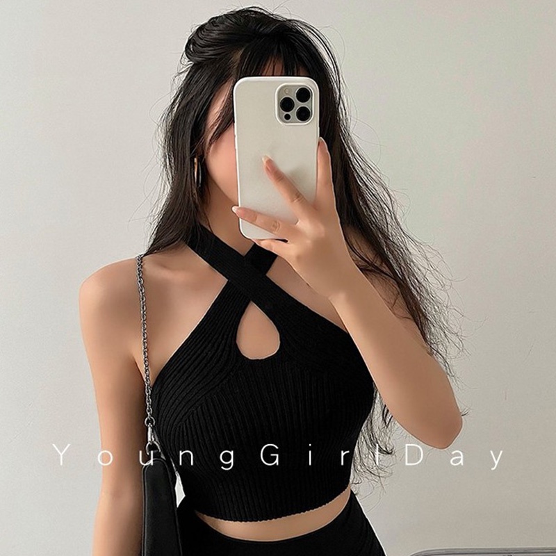 QADCOL Áo dệt kim sát nách hở rốn cổ dây chéo gợi cảm cho nữ