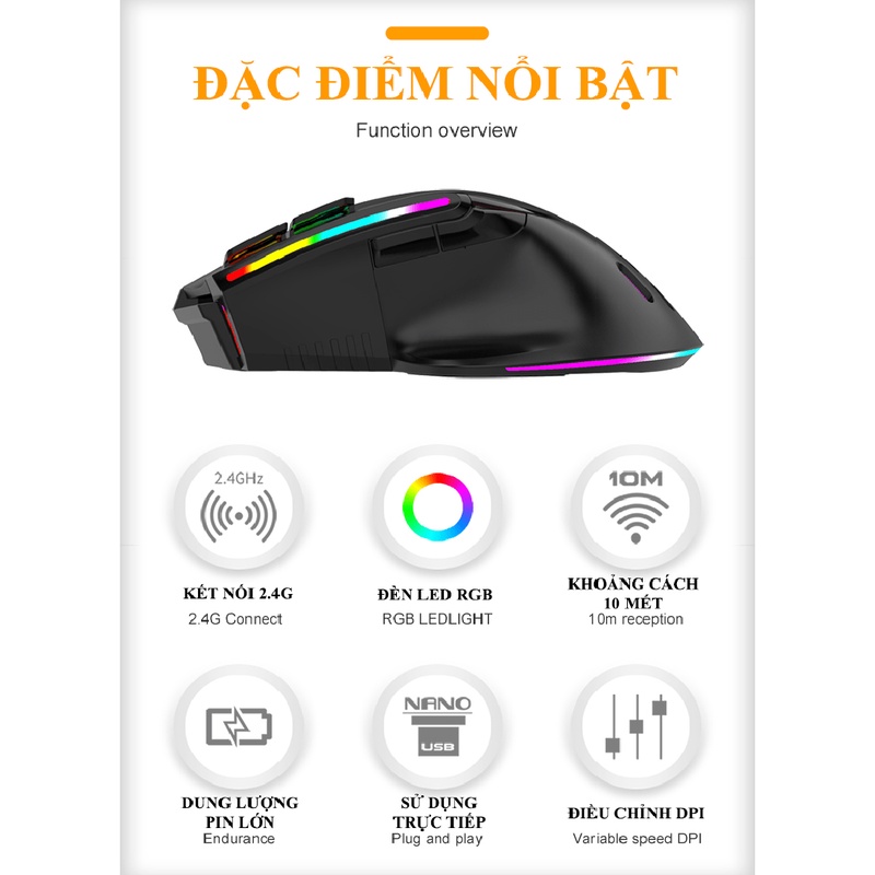 Chuột không dây K-snake BM-520 kết nối bằng chip USB 2.4GHz có đèn led RGB nhiều chế độ màu và độ DPI lên đến 3200DPI