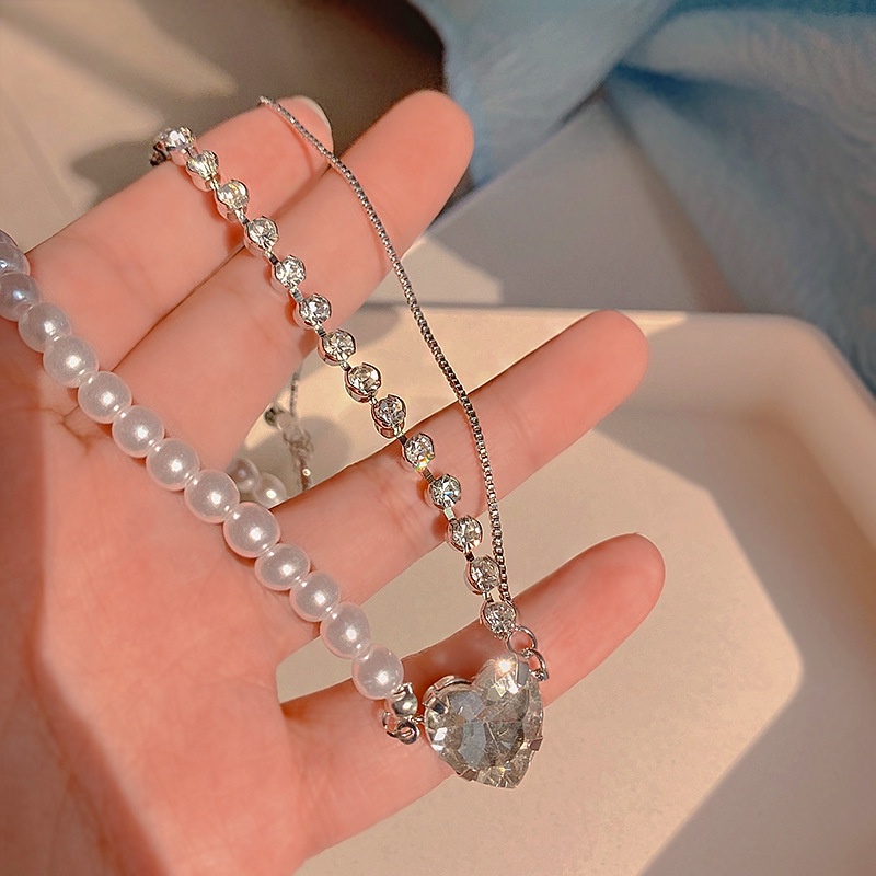 Vòng cổ Kim Loại Phối Tua Rua Hạt Ngọc Trai Hình Trái Tim Nhỏ Sang Trọng Ngọt Ngào Cho Nữ