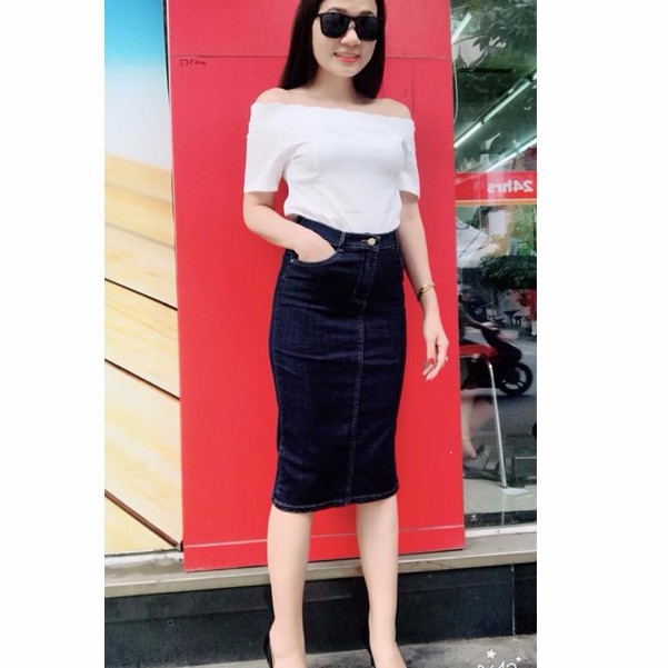 Chân váy jean dài xẻ 1 bên