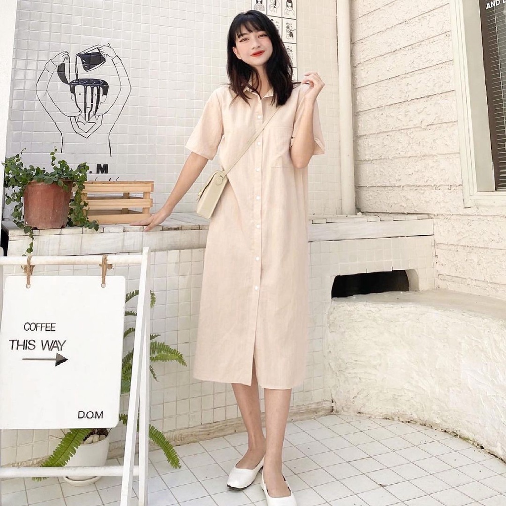 Váy sơ mi nữ dáng dài Linly Store thắt eo form suông vintage V-SMN