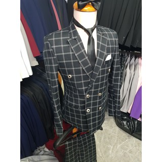 Bộ vest nam ôm body 6 cúc chất vải đen sọc ca rô trắng dày mịn