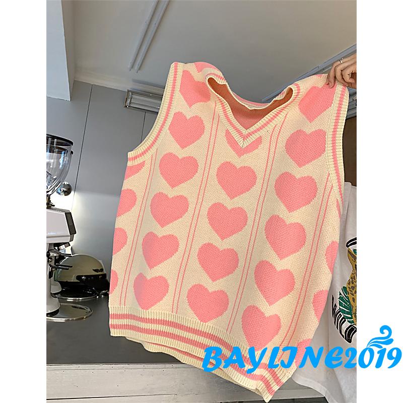 Áo len không tay cổ chữ V họa tiết trái tim màu sắc thời trang thu đông cho nữ