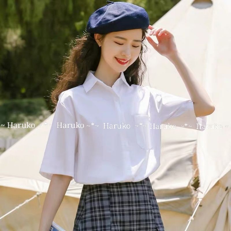 Áo sơ mi học sinh trắng sáng, áo trắng cộc tay trẻ trung mạnh mẽ - Haruko Closet