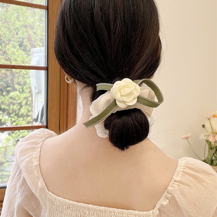 Dây Buộc Tóc Cao Su Co Giãn Phối Ruy Băng Lụa Hình Hoa Hồng Cỡ Lớn Thời Trang Mùa Xuân 2022