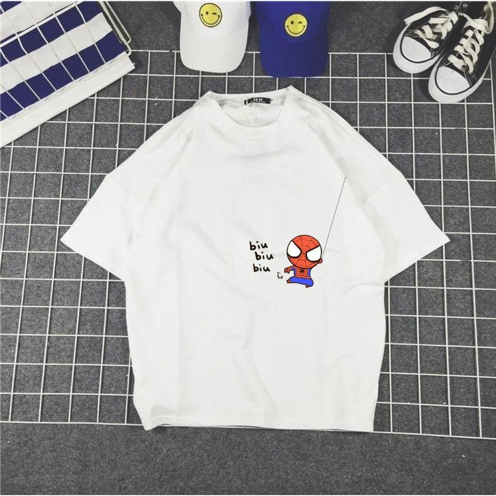 Áo Thun Nam Nữ Tay Lỡ Unisex Phông Trơn Oversize Form Rộng Basic Tee Hình Spiderman treo ngược