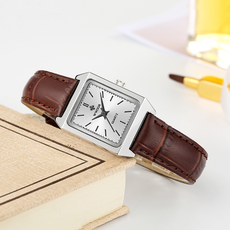 Đồng Hồ Đeo Tay WWOOR Mặt Vuông Dây Da Nâu Reloj Mujer-8850 Thời Trang Cho Nữ-8850