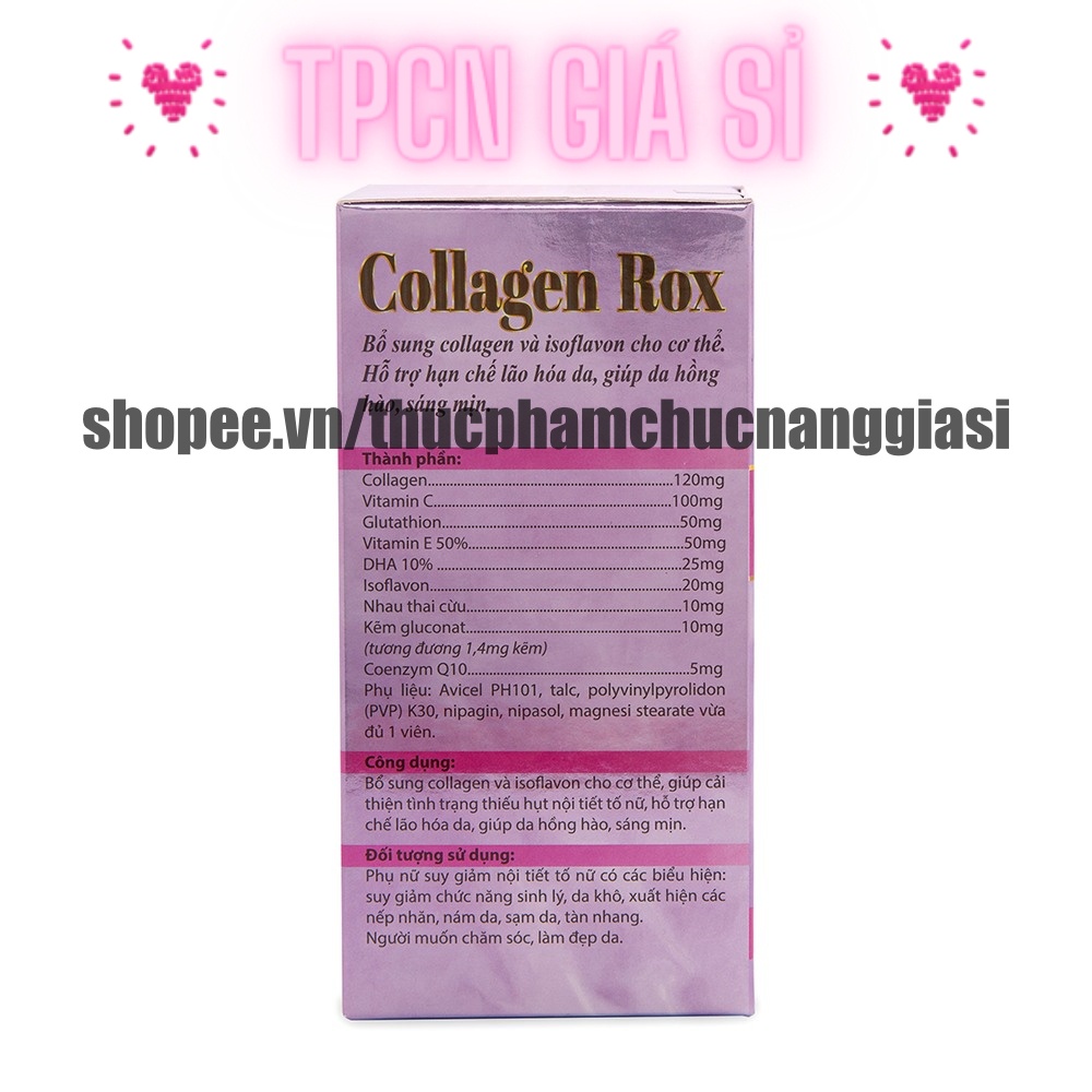 Viên uống đẹp da Colagen Rox bổ sung vitamine giúp trắng da, sáng da, giảm nám, mờ thâm - Chai 60 viên ( Hồng )