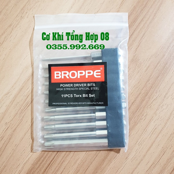 Mũi hoa thị lục giác có lỗ. Bộ 11 mũi vít hoa thị dài 75mm cho máy khoan và máy bắt vít hãng Broppe