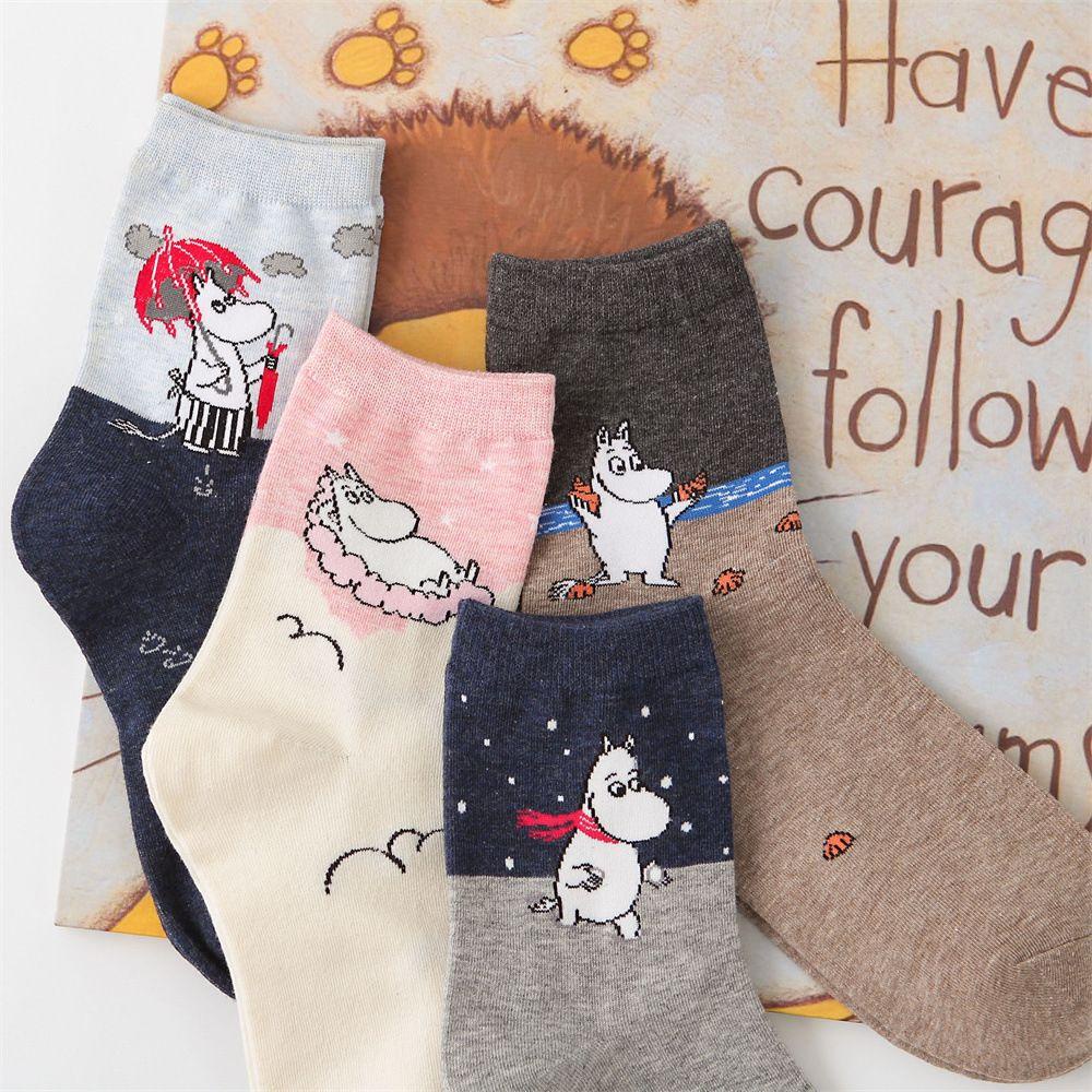 SOMEDAYZL Vớ Cotton Nữ Co Dãn Họa Tiết Con Hà Mã Phong Cách Hàn Quốc