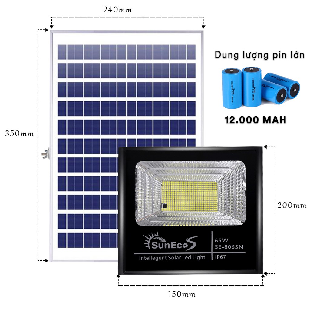 Đèn năng lượng mặt trời 65W Suneco, đèn led năng lượng mặt trời, chống nước IP67, Bảo hành 24T, Bảo hành 24 tháng