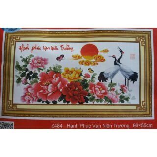 Tranh thêu chữ thập hạc và hoa mẫu đơn Z484