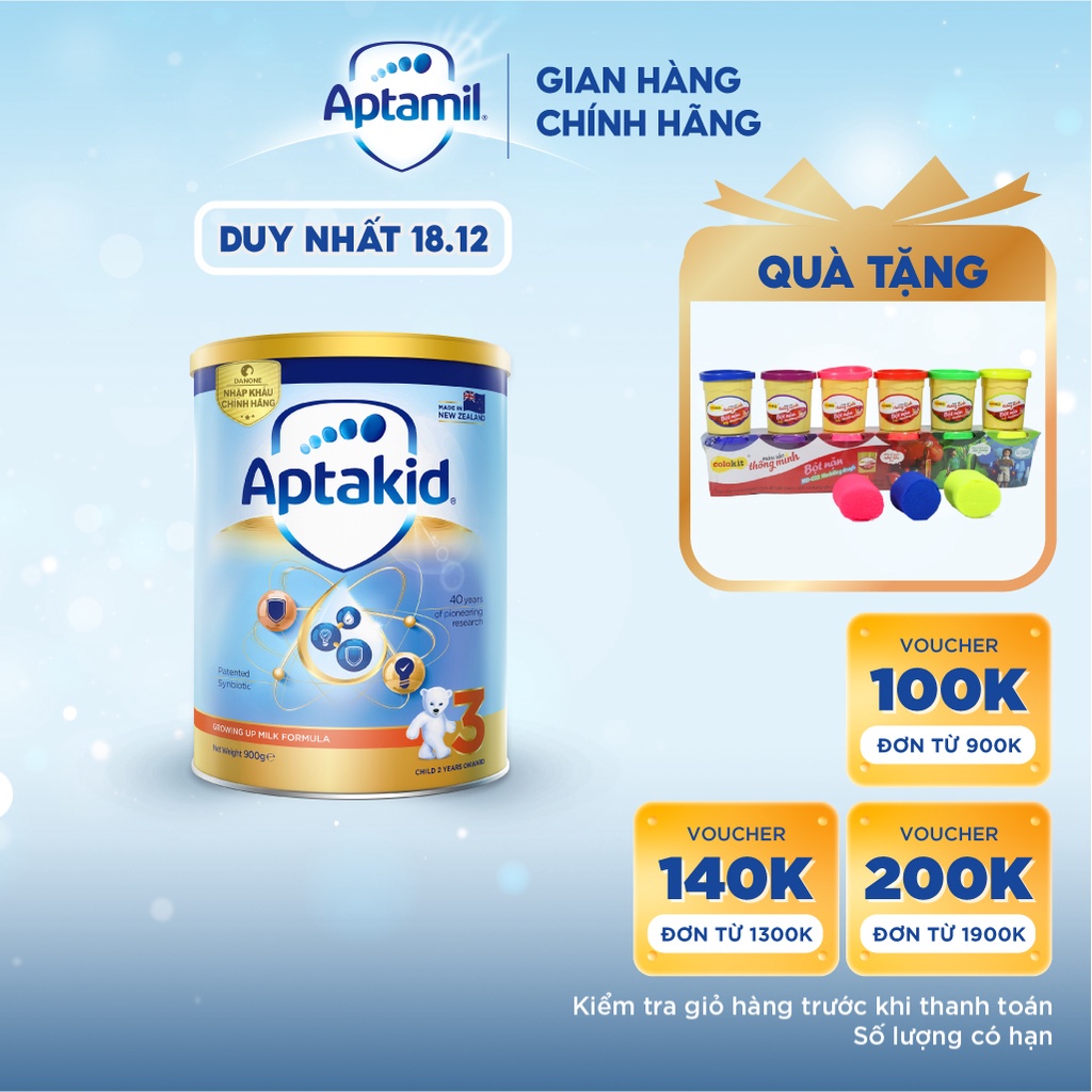 [Mã MKBDAN1812 giảm 10% tối đa 100k đơn 600k] Sữa bột Aptakid New Zealand hộp thiếc (900g/lon) cho bé từ 24 tháng