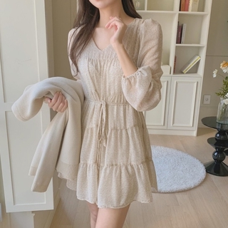 Đầm CCVN chiffon nhún bèo tay dài ôm eo thiết kế mới thanh lịch thời trang dành cho nữ