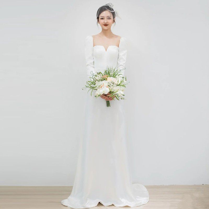 (ảnh thật) váy cưới cô dâu cổ vuông tay dài đính cúc vải, đầm trắng thiết kế dạ hội sang trọng