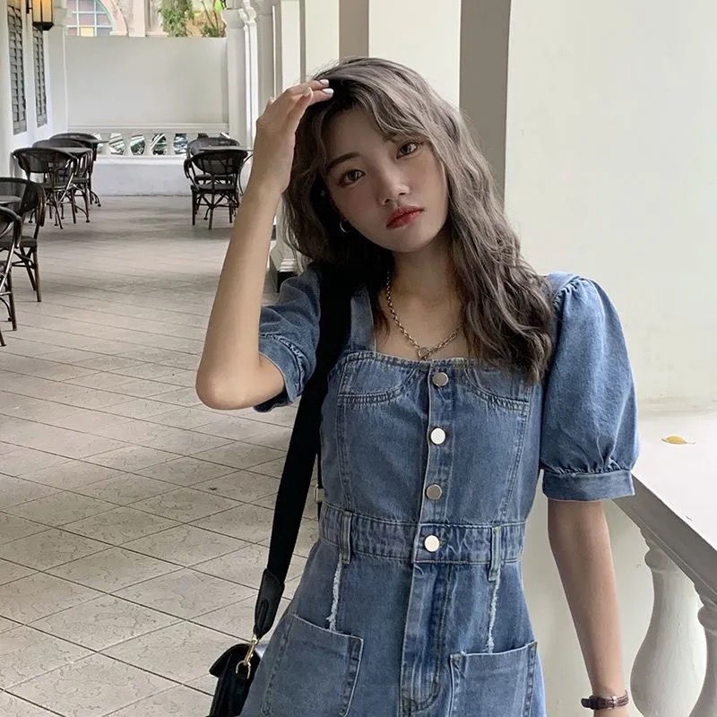 Đầm Denim Cổ Vuông Tay Phồng Phong Cách Âu Mỹ Thời Trang Mùa Hè 2022