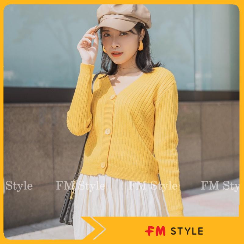 Áo khoác FM Style, áo khoác cadigan tăm, chất len mỏng 3 nút gỗ, cổ V, thích hợp cho mùa thu trời se lạnh