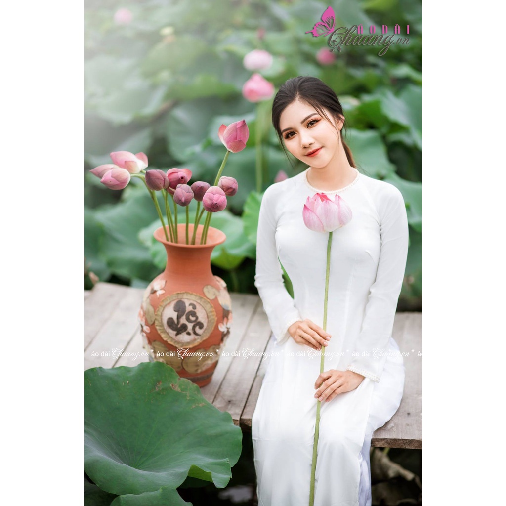 Áo dài lụa Tây Thi cổ tròn Chaang May sẵn áo dài thiết kê truyền thống đính hạt ngọc cổ tay