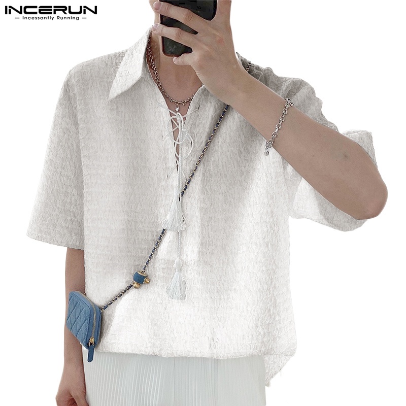 Áo sơ mi INCERUN kiểu baggy trắng tay ngắn chất nhung thời trang dành cho nam giới