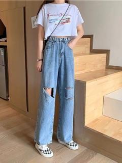 Quần ống rộng rách gối