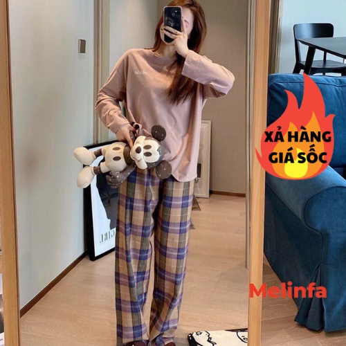 Bộ đồ ngủ nữ, Bộ mặc nhà Pijamas nữ dài tay quần dài mặc mùa thu đông mã VABD0229