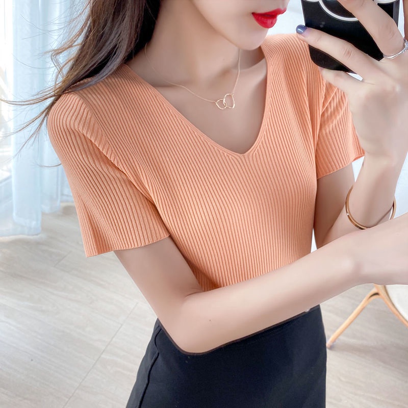 Áo Thun Lụa Dệt Kim Mỏng Tay Ngắn Cổ Chữ v Dáng Rộng Thời Trang Mùa Hè Kiểu Mới Cho Nữ