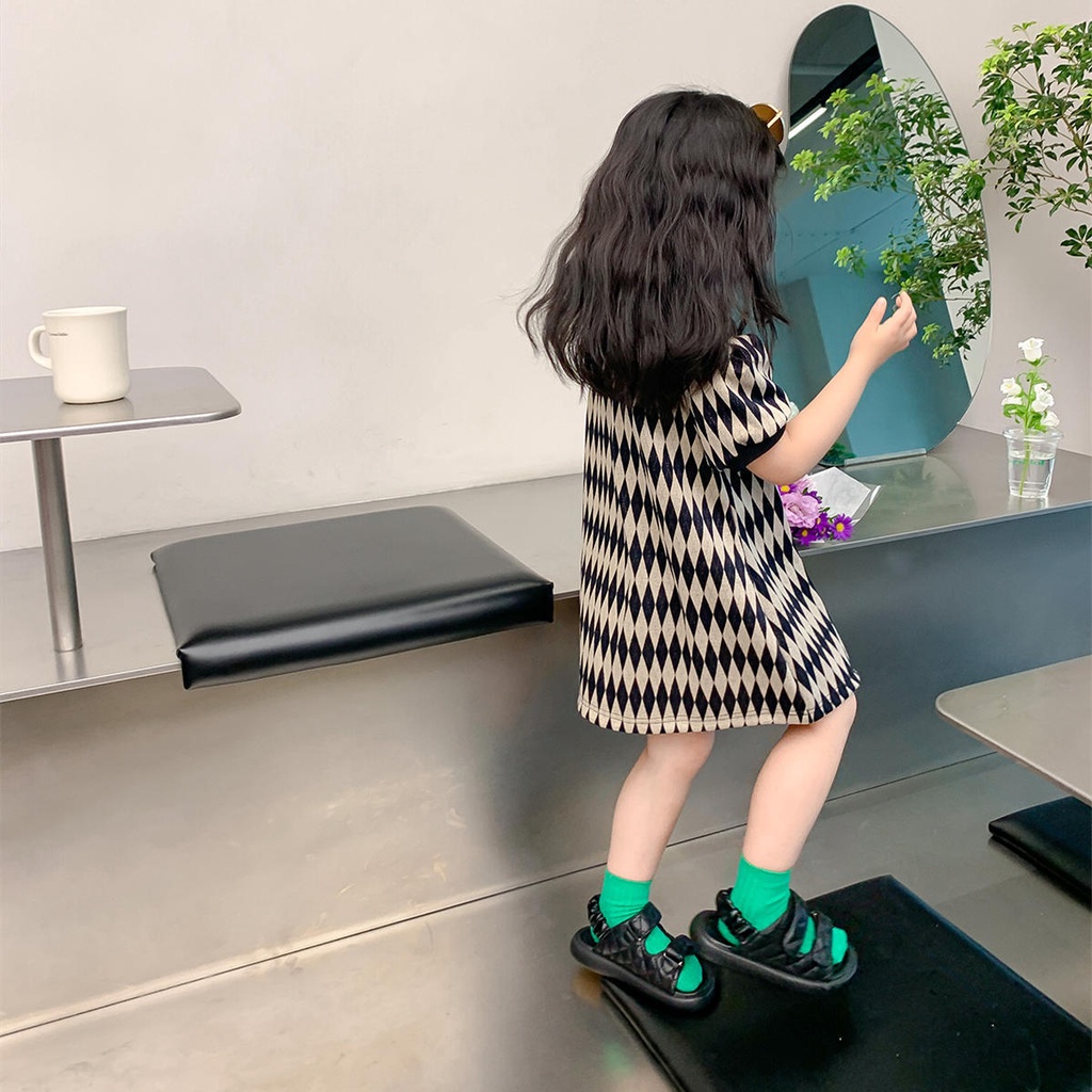 Đầm Thun Cổ Polo Tay Ngắn Họa Tiết Sọc Caro Thời Trang Mùa Hè Cho Bé Gái