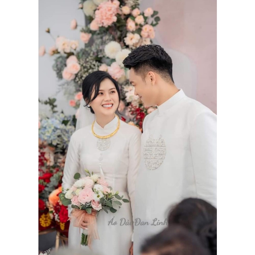 Cặp áo dài cưới song hỷ màu trắng sang trọng, áo dài cô dâu chú rể hiện đại - Áo Dài Đan Linh