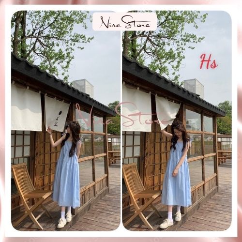 Váy babydoll nữ dáng dài đầm nữ 2 dây buộc nơ vai 2 màu trắng xanh style tiểu thư hàn quốc nhẹ nhàng nữ tính NinaStore