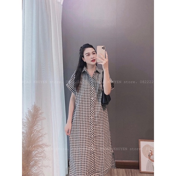 Váy sơ mi suông dáng rộng siêu xinh, Váy kẻ ô sơ mi suông tay ngắn, đầm bầu dáng suông