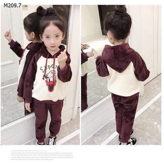 Đồ bộ cho bé gái,  Bộ Lông Nhung Vịt Donan phối màu tay Cho Bé XIAOMIMI