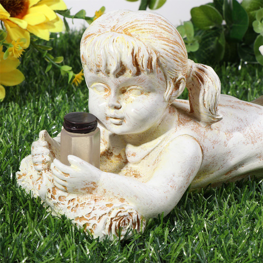 ❤LANSEL❤ Decor Garden Sculptures Girl Solar Light Outdoor Statues Firefly Jar Resin Ornament Children Boy Decorative