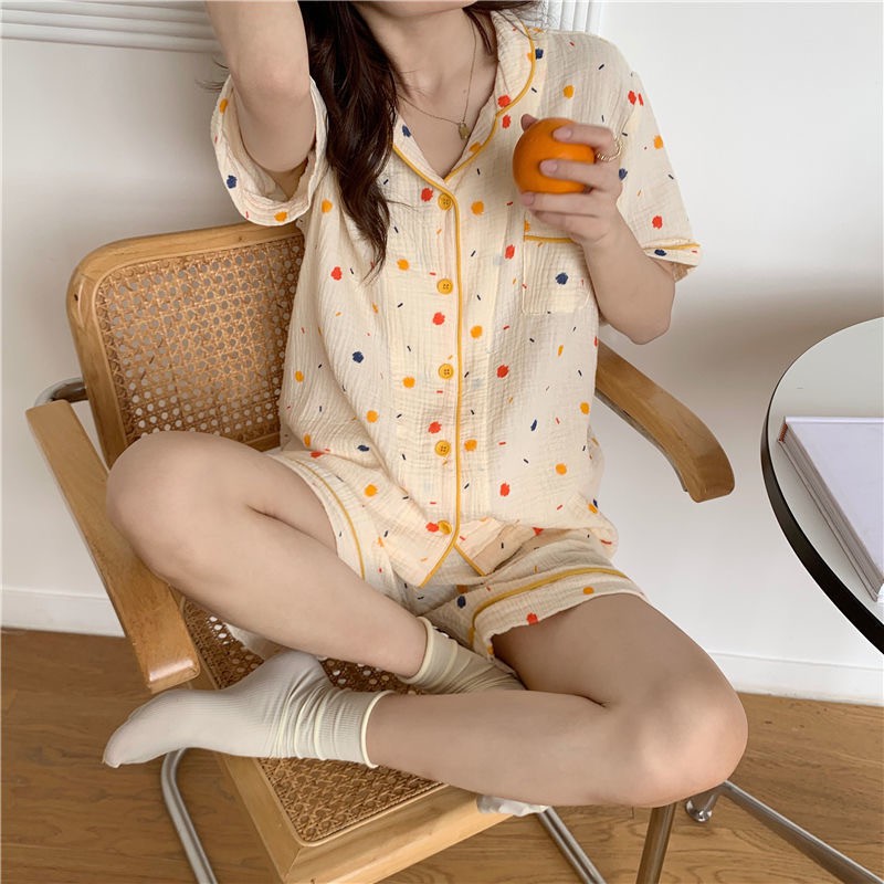 [CÓ SẴN] Đồ ngủ pijama vàng chấm bi nhiều màu đồ mặc nhà cộc tay quần đùi dễ thương Hàn Quốc ullzang