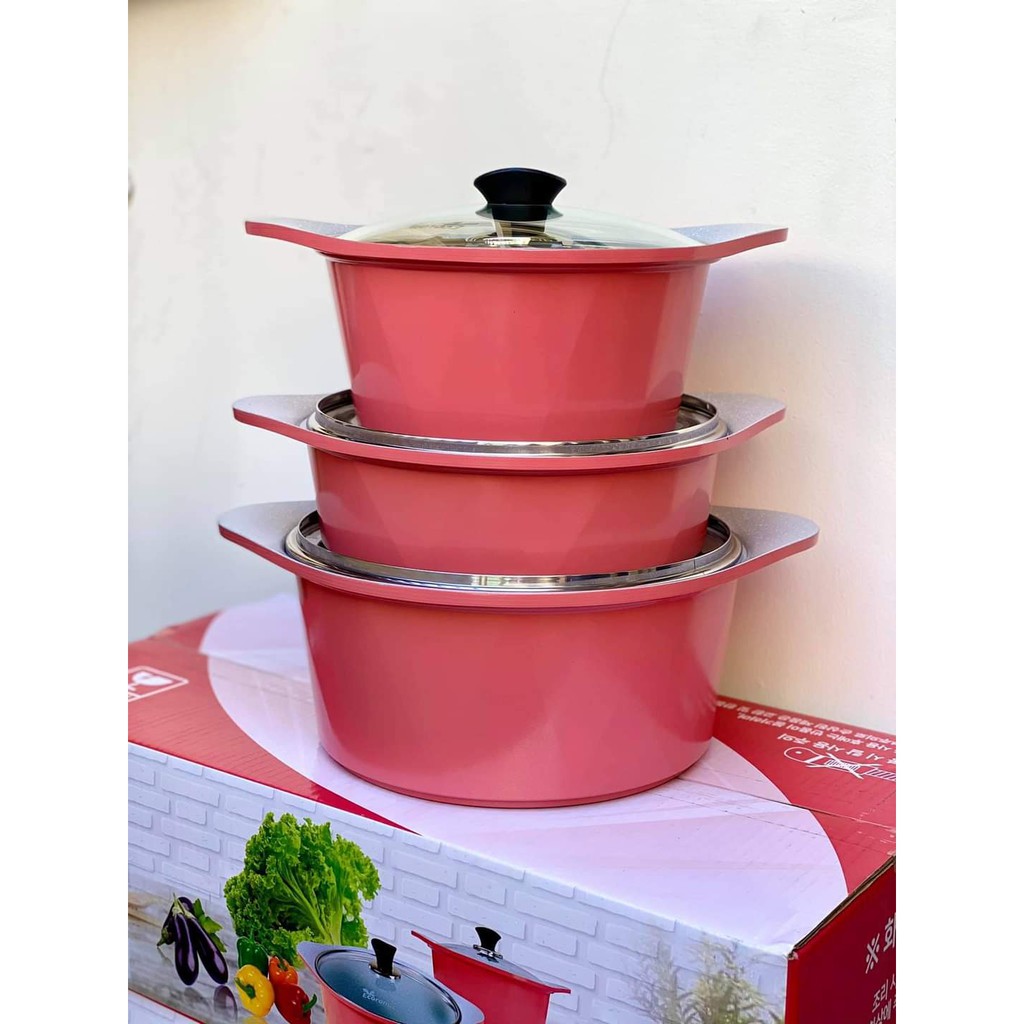 BỘ 3 NỒI ECORAMIC HỒNG - XANH KÍCH THƯỚC 20CM, 22CM, 24CM SÀI TRÊN MỌI LOẠI BẾP /TẶNG KÈM 1 CẶP NHẤC NỒI SILICON