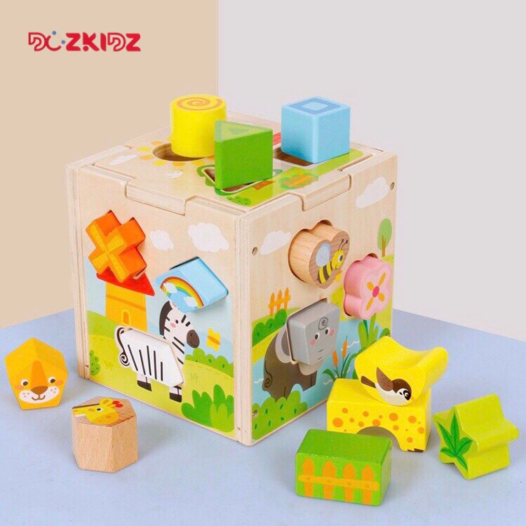 Đồ chơi gỗ sáng tạo tư duy - Hộp thả và phân biệt 15 hình khối, màu sắc - DOZKIDZ