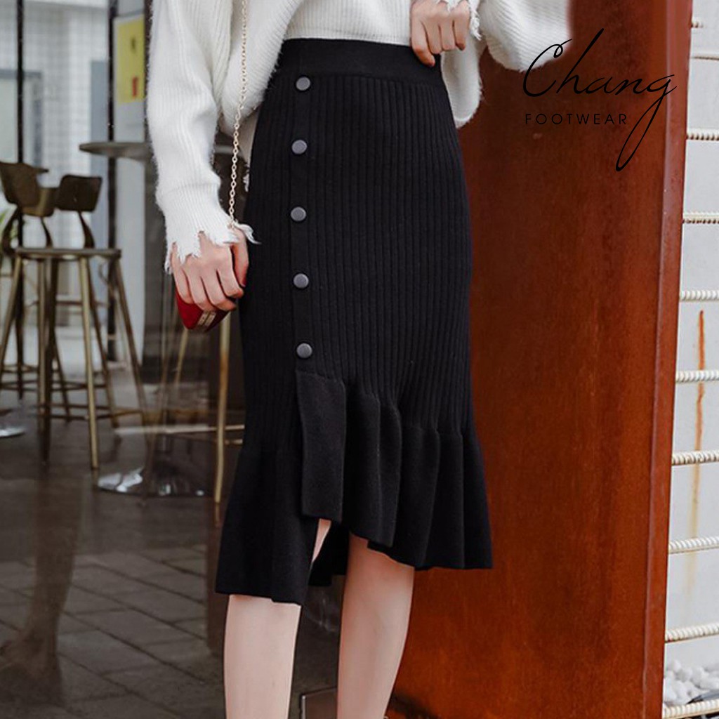 Chân váy len đuôi cá vạt lệch đính cúc | Hàng Quảng Châu cao cấp | Chân váy len Hàn Quốc mặc 2 kiểu