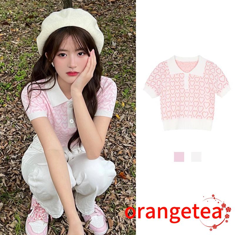 Áo Thun Crop Top Nữ Tay Ngắn In Hình Trái Tim 1 / 3 Nút