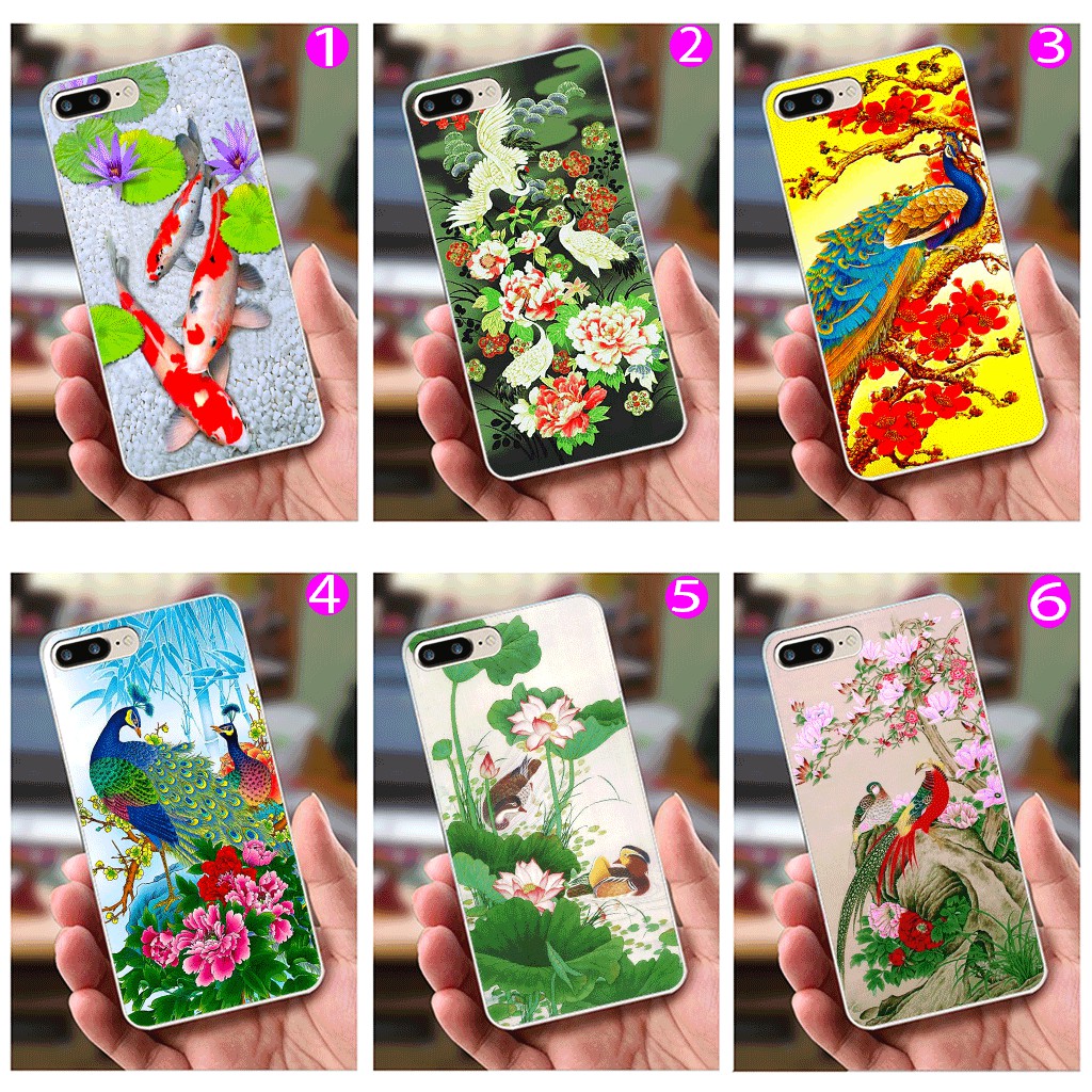 Ốp lưng iPhone 7 Plus / 8 Plus (dẻo viền trắng trong) - Hình Chim Công, Cá Chép, Cò