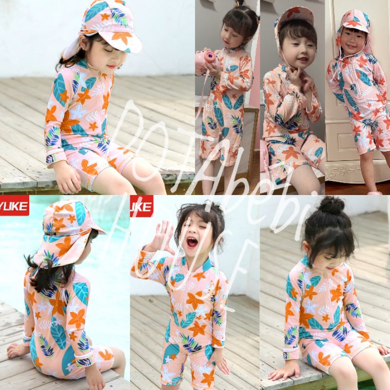 ĐỒ BƠI TAY DÀI LIỀN THÂN CÓ NÓN CHE GÁY HỌA TIẾT HOA LÁ CHO BÉ GÁI mã SW0211 - DOTAbébi HOUSE
