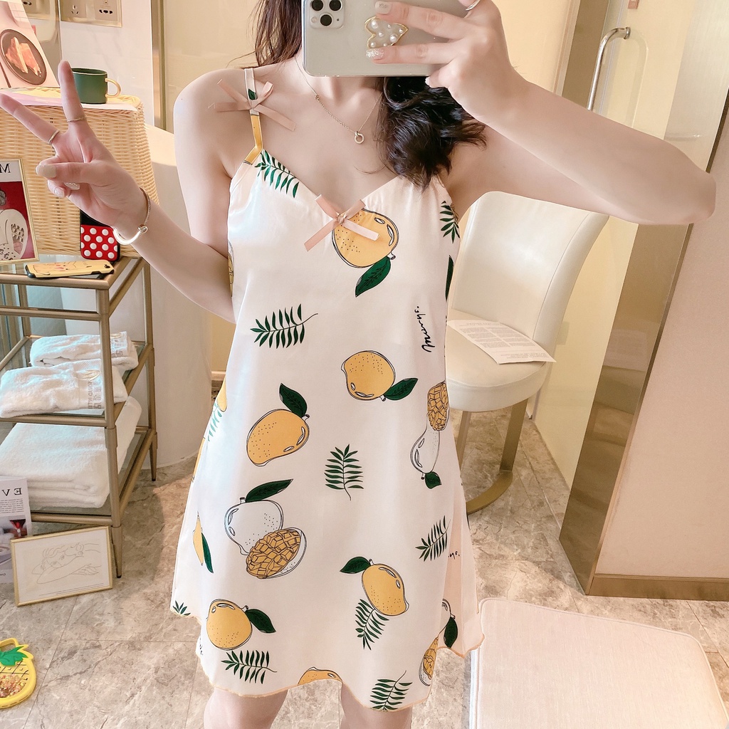 Đầm ngủ 2 dây lụa satin cao cấp_Váy mặc nhà có đệm ngực mềm mịn thoáng mát V2D290